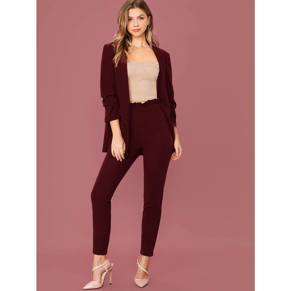 2 piece pantsuit: Shawl Collar Blazer & Paperbag Waist Pants Set green - Picture 8 of 11